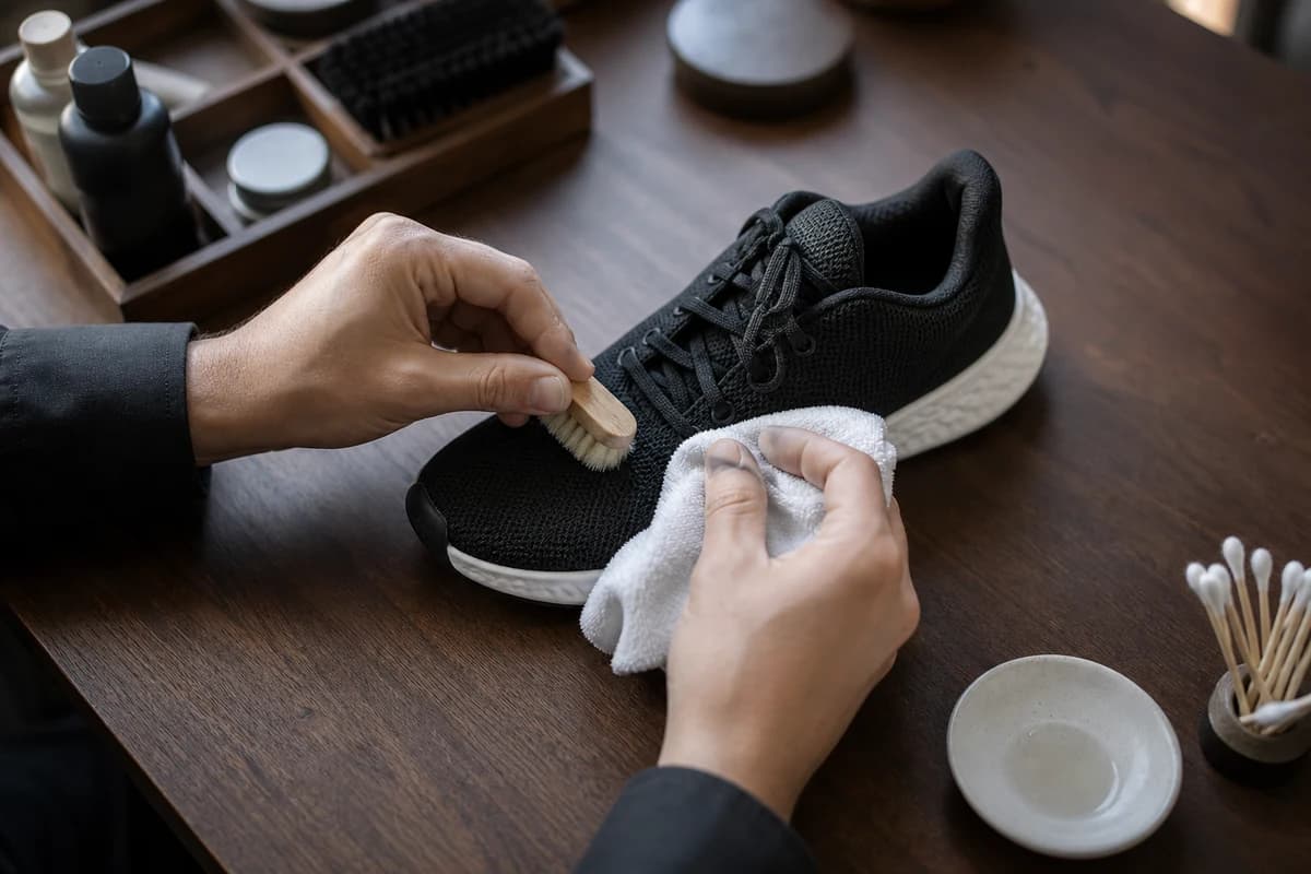 Soft brush and microfibre used for mesh sneaker cleaning Dubai on a black knit trainer upper