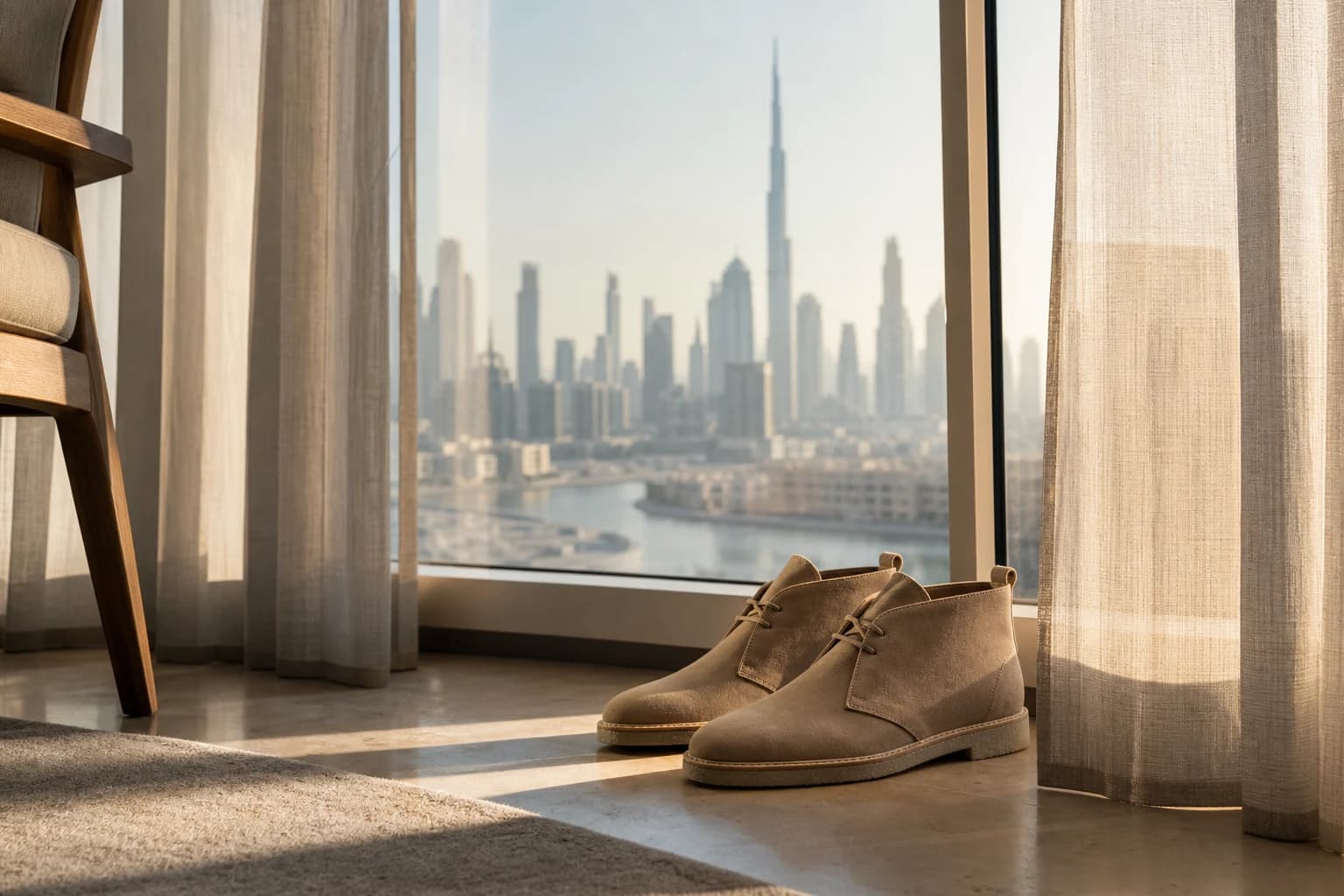 Nubuck desert boots beside a Dubai window with soft afternoon light after professional care