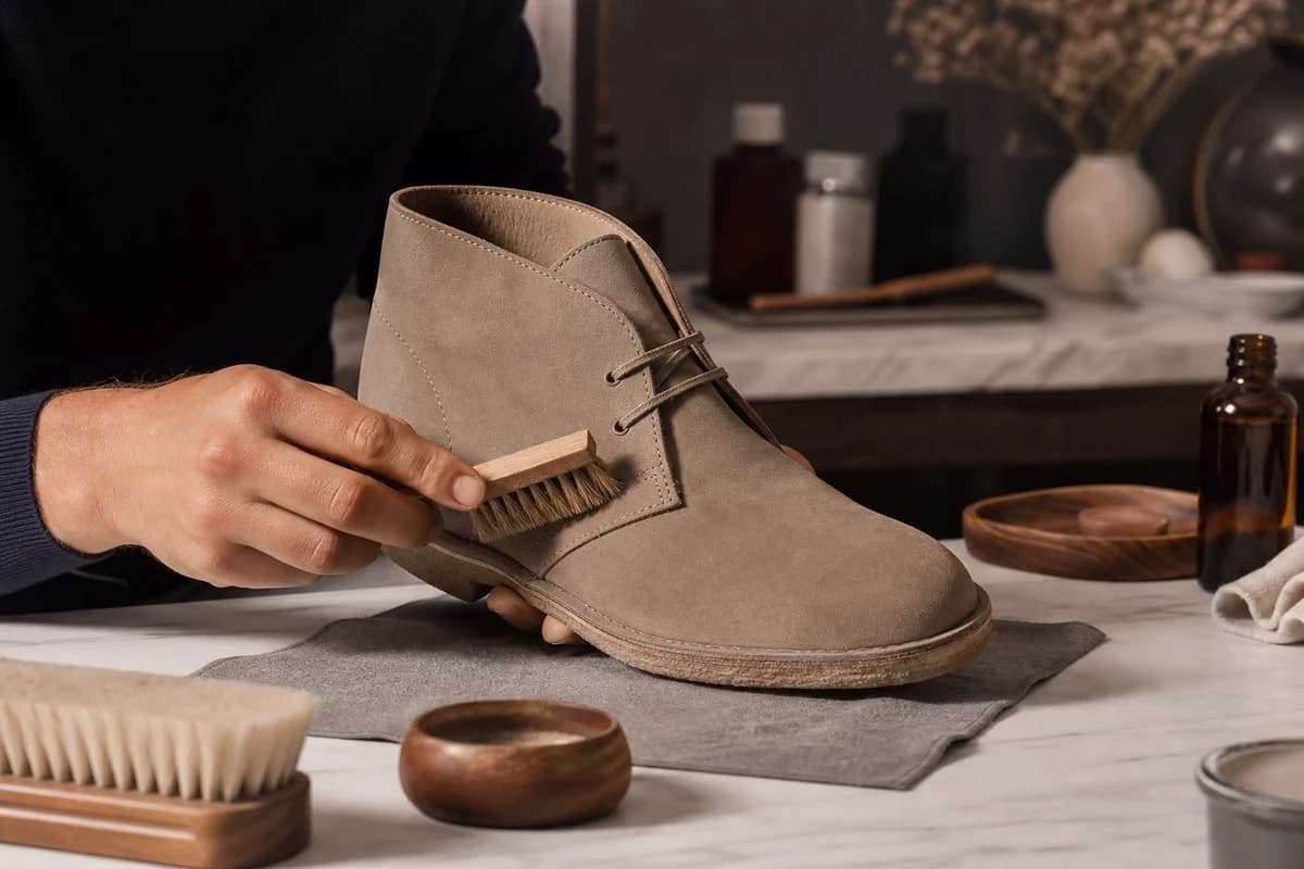 Soft brushing during nubuck shoe cleaning Dubai on a taupe desert boot