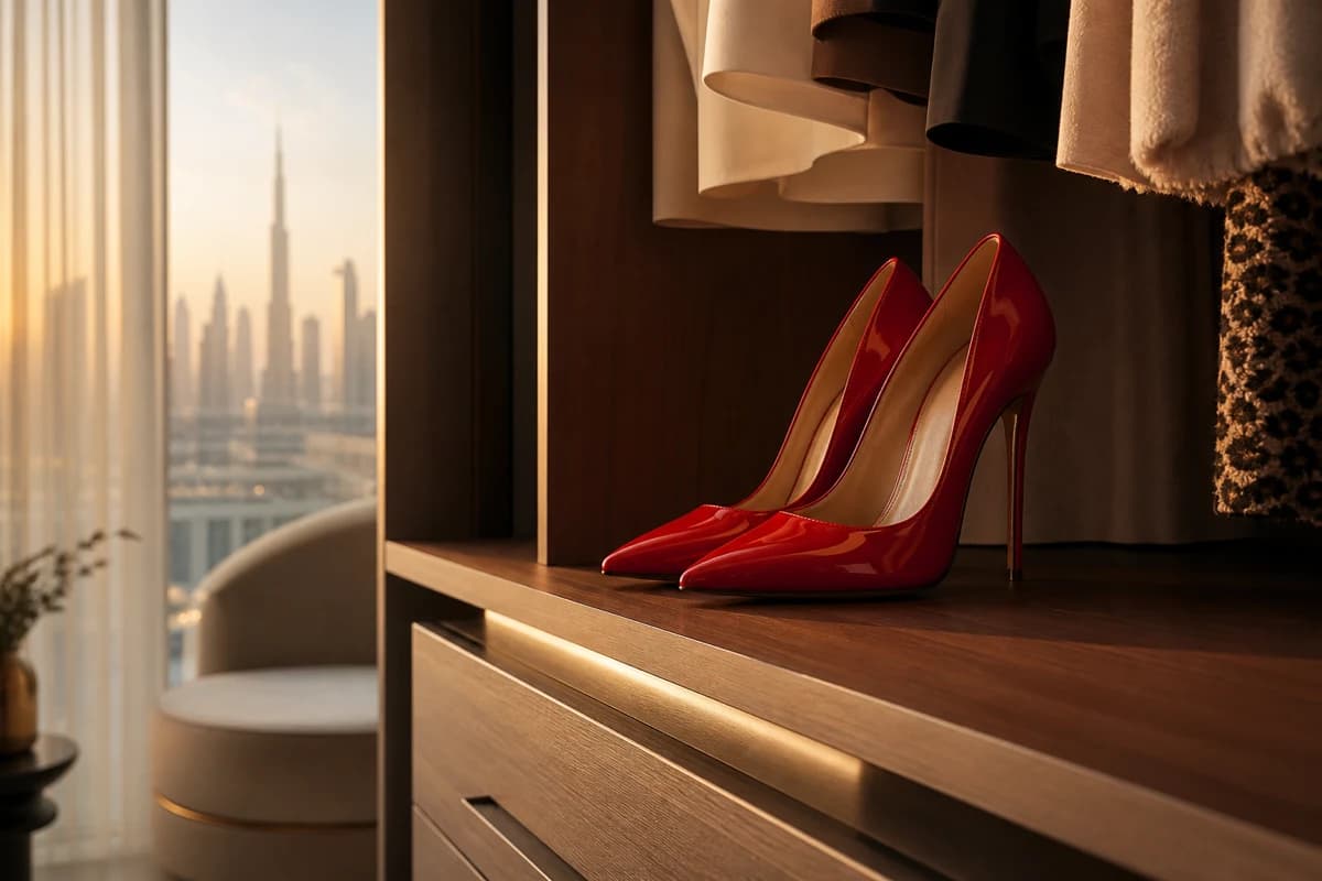 Red patent leather heels stored upright in a Dubai wardrobe beside a soft evening window light