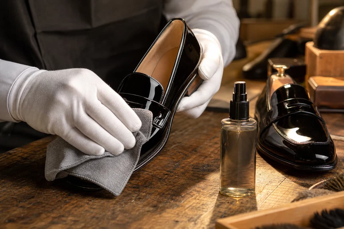 Technician wiping black patent leather pumps during patent leather shoe care Dubai with a soft damp cloth