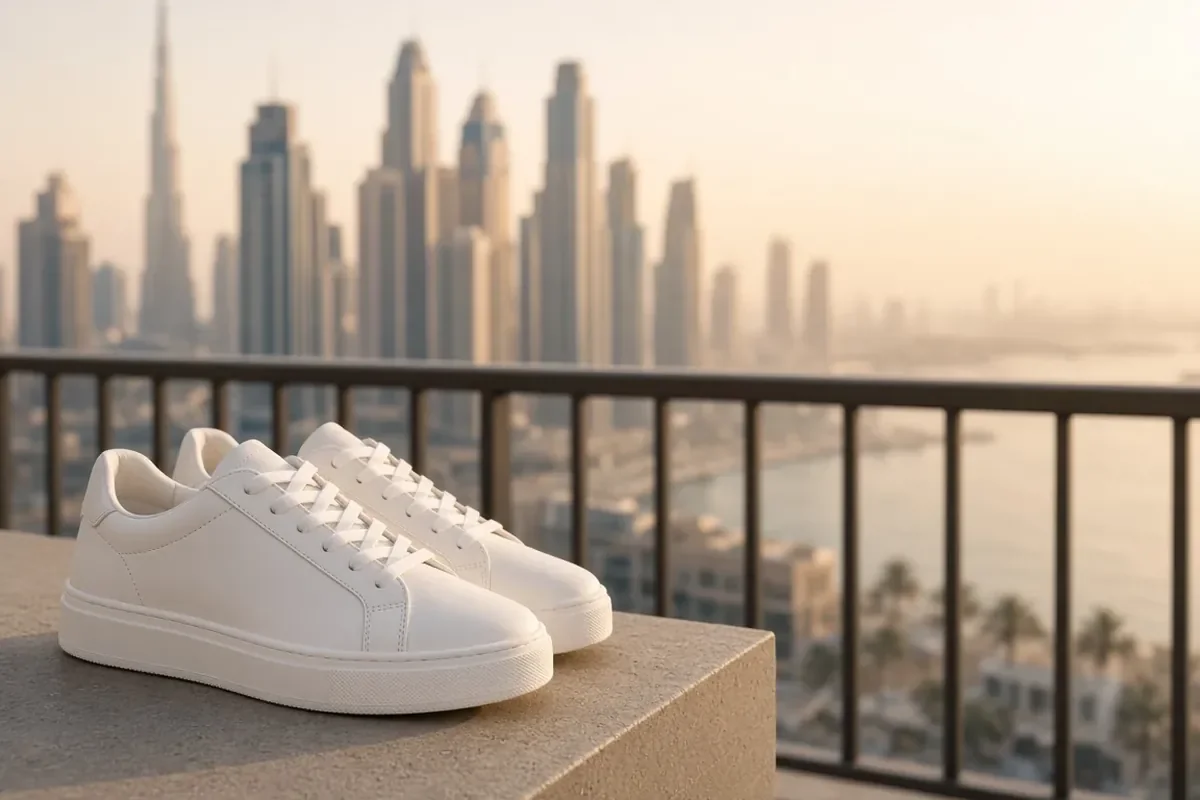 Clean white-soled sneakers by a Dubai apartment balcony after rubber sole cleaning Dubai