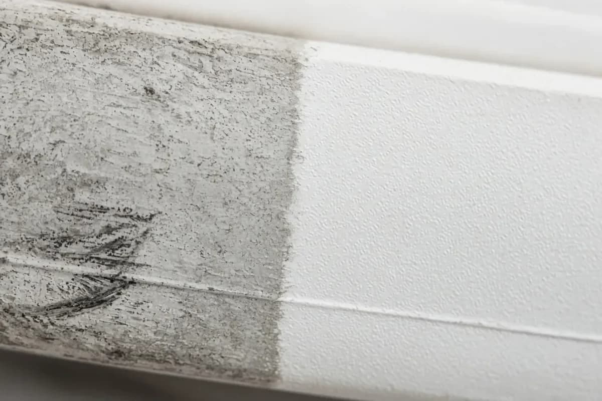 Macro of white rubber foxing showing city film beside a cleaned edge after rubber sole cleaning Dubai