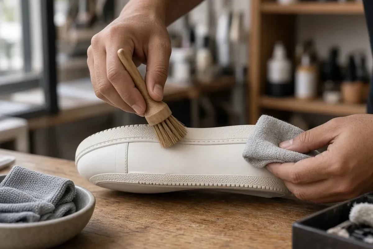 Technician cleaning white rubber sole edges during rubber sole cleaning Dubai on an atelier bench