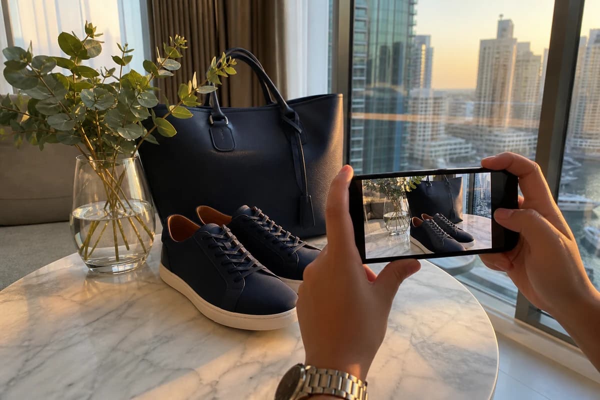 Hands photographing navy sneakers and a leather tote on a Dubai apartment table for a photo-quote
