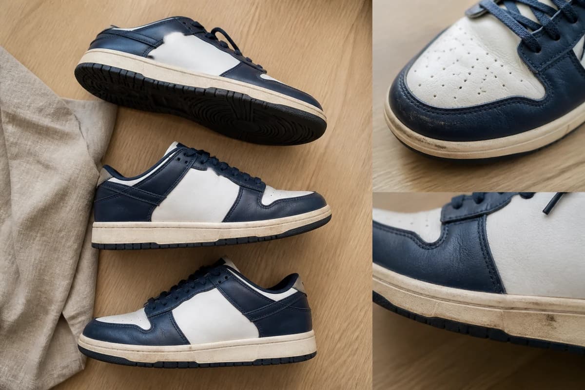 Pair of white sneakers photographed in daylight for a shoe and bag care quote Dubai
