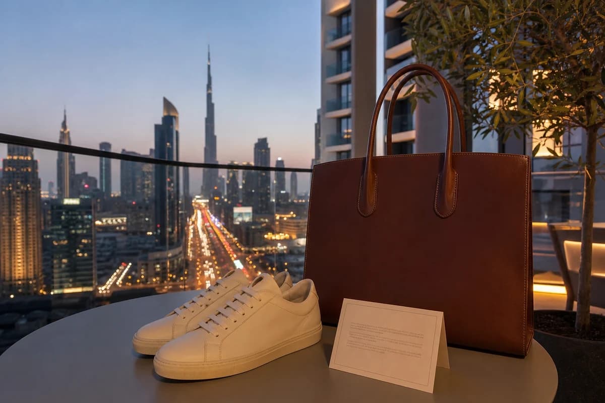 Restored sneakers and leather tote returned to a Downtown Dubai apartment balcony at dusk
