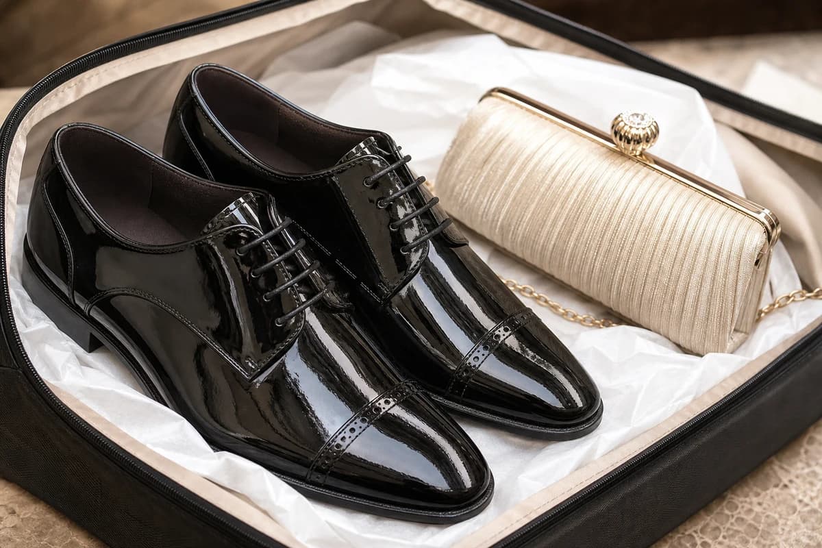 Patent leather dress shoes and evening clutch prepared for bag pickup and delivery Dubai