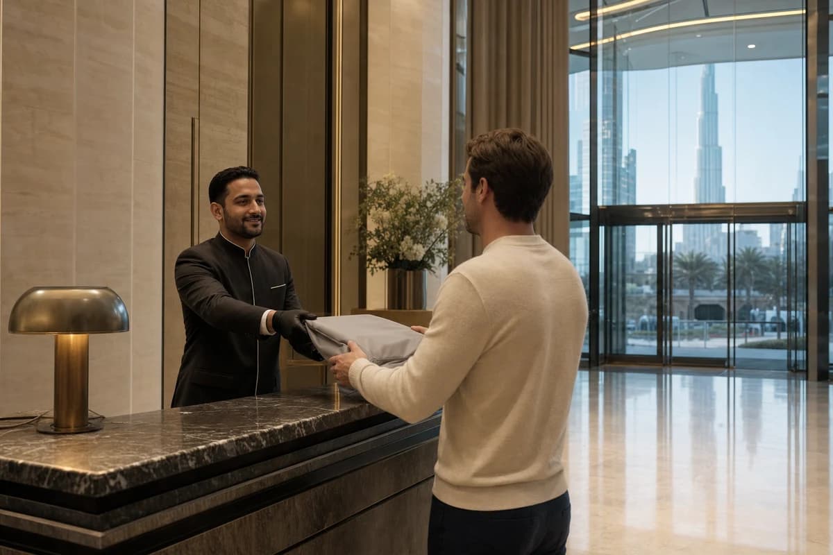 Downtown Dubai hotel concierge accepting a soft courier bag for shoe care pickup
