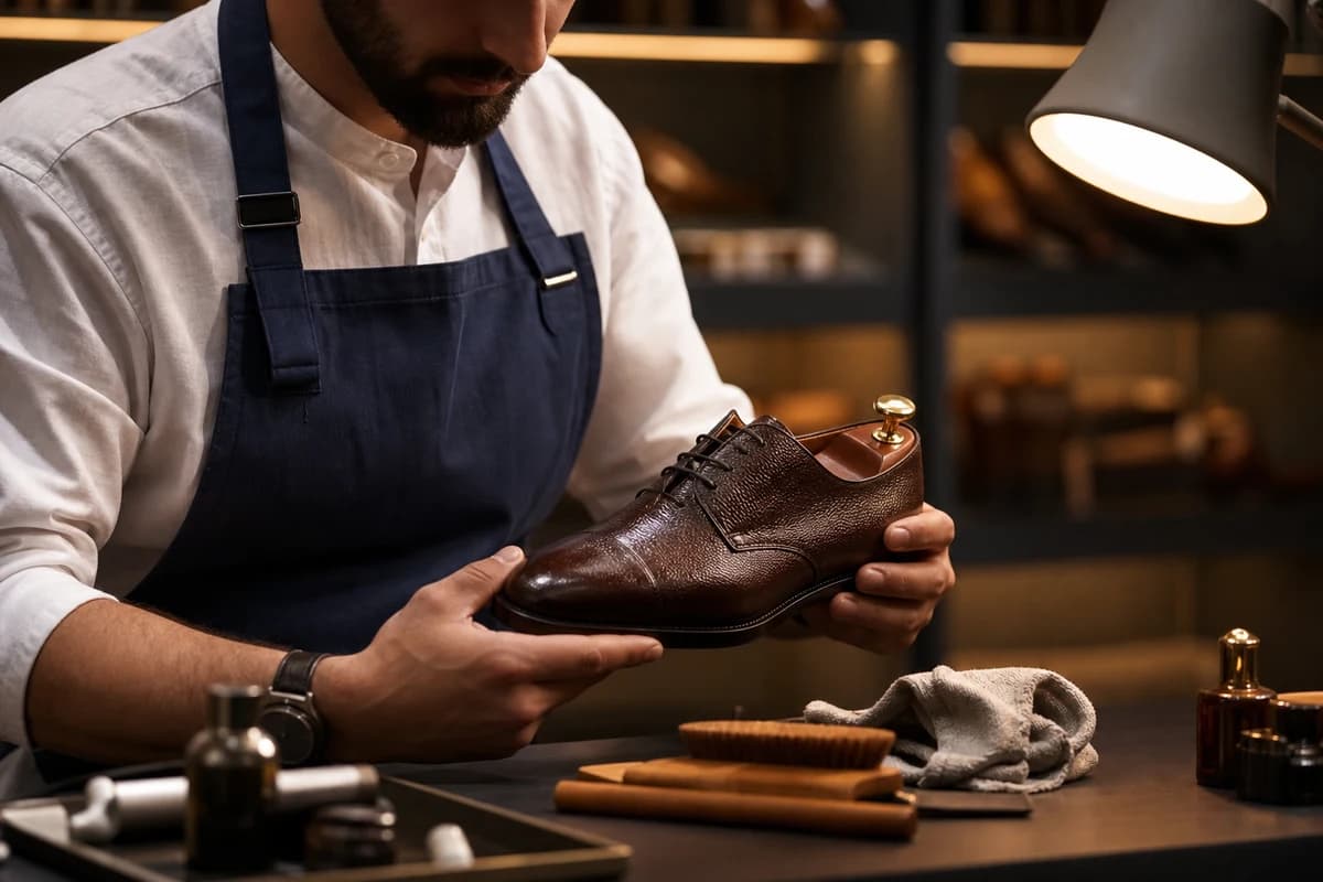 Atelier technician assessing professional shoe cleaning Dubai scope on a leather pair at a lit workbench