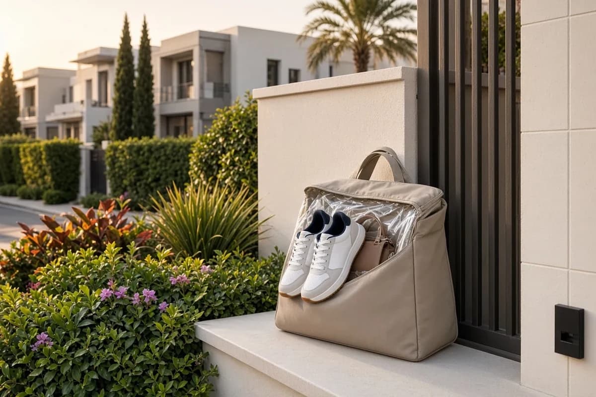 Courier soft case with family sneakers and a bag at a Dubai Hills Estate villa gate for bag pickup and delivery Dubai