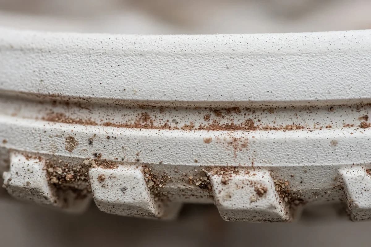 Close-up of playground grit and park dust on a white sneaker midsole after Dubai Hills outdoor wear