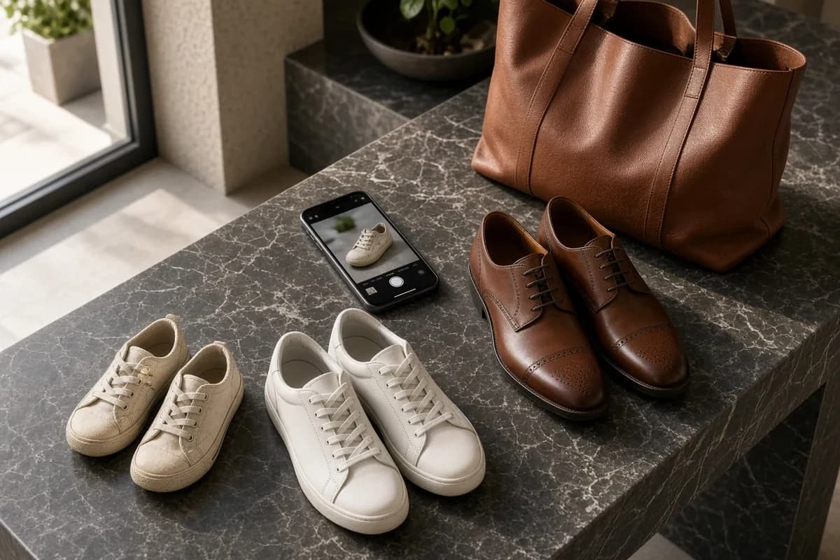 Family sneakers, leather shoes, and a tote laid out for a shoe cleaning Dubai Hills WhatsApp photo quote