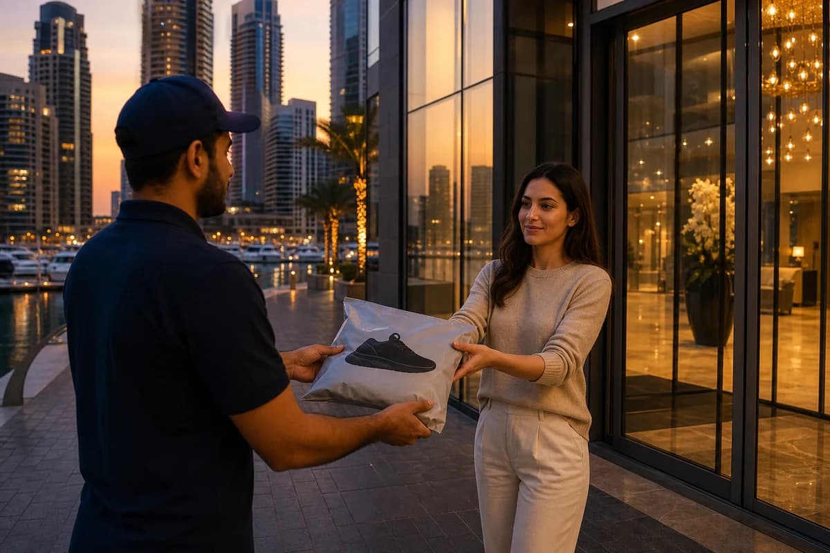 Courier returning cleaned sneakers and a tote at a Dubai Marina tower lobby at dusk
