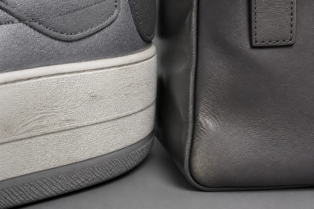Close-up of sneaker midsole film and bag corner prepared for bag pickup and delivery Dubai