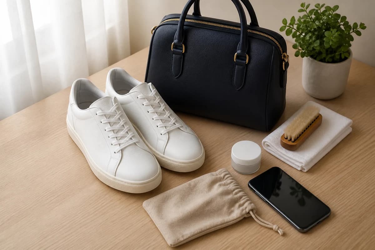 Daylight photo checklist of white sneakers and a structured tote prepared for shoe care pickup Dubai in Marina