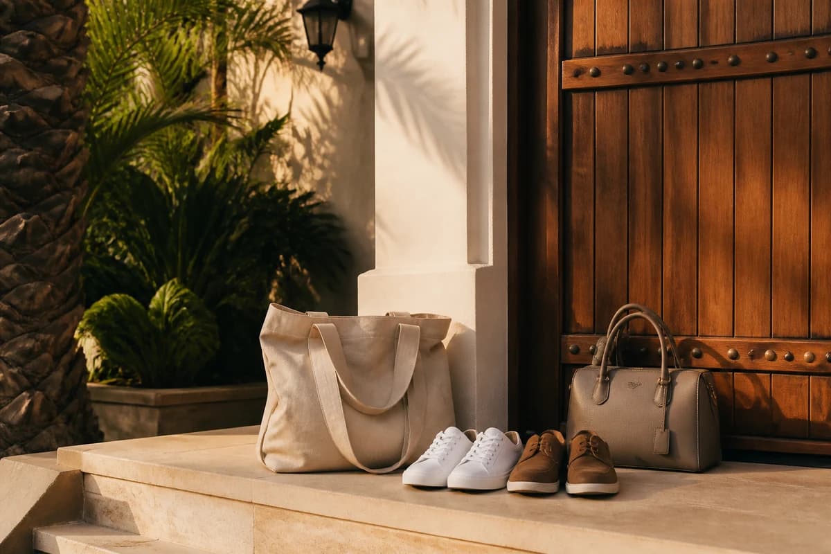 Shoes and a structured bag packed at a Palm Jumeirah villa entrance for bag pickup and delivery Dubai