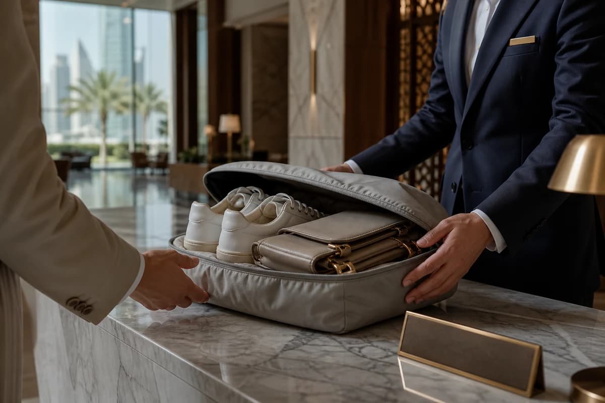 Resort concierge accepting a soft courier case for shoe care pickup Dubai on Palm Jumeirah