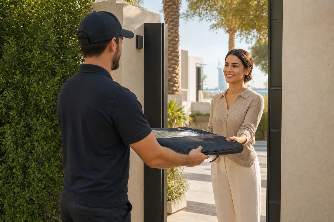 Courier soft-case collection outside a Jumeirah villa for Dubai shoe care service pickup