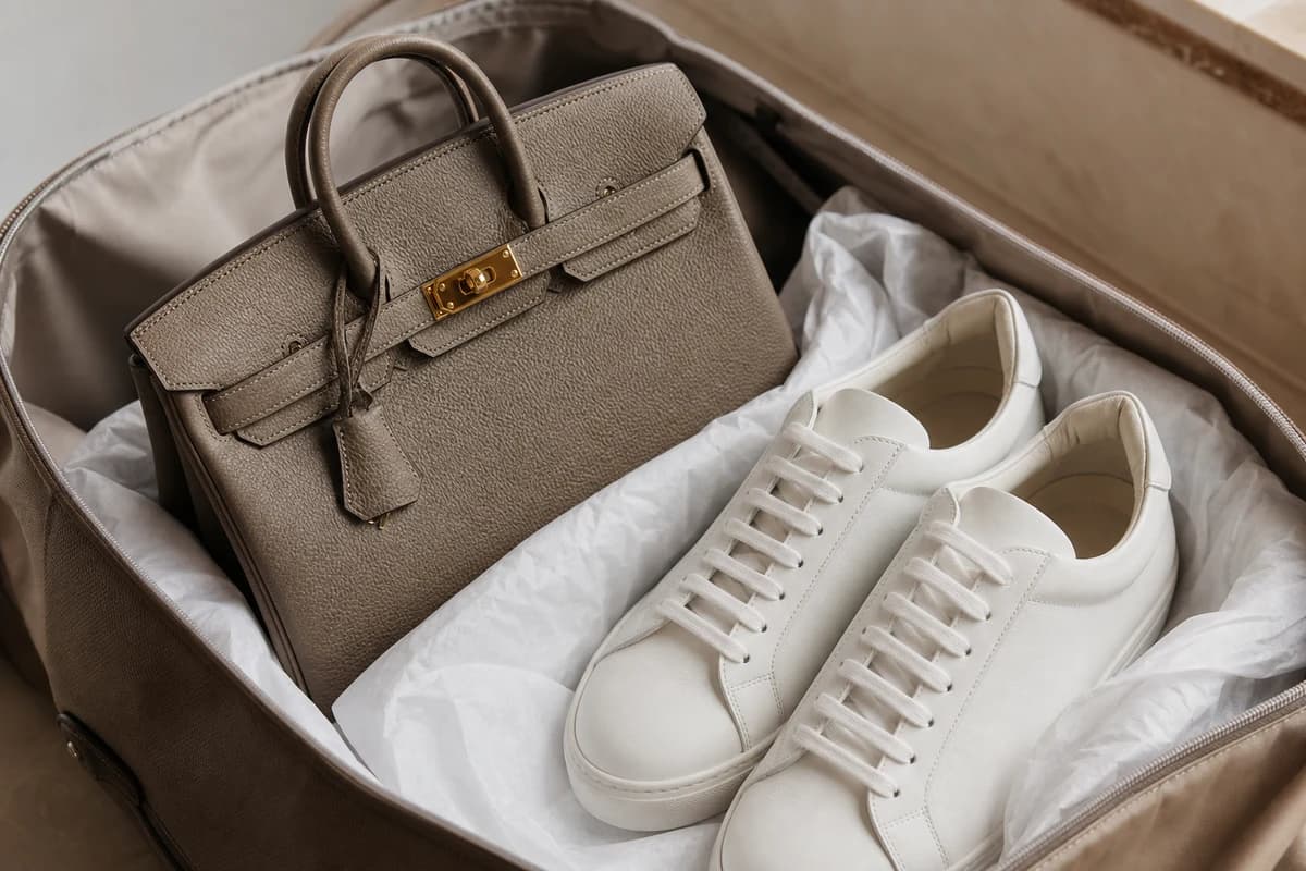 Structured leather handbag and sneakers prepared together for bag pickup and delivery Dubai