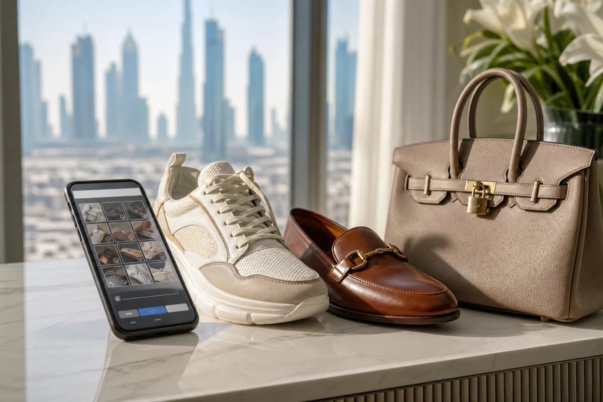 Dubai care consultation photo setup with a sneaker, leather loafer, handbag, and smartphone