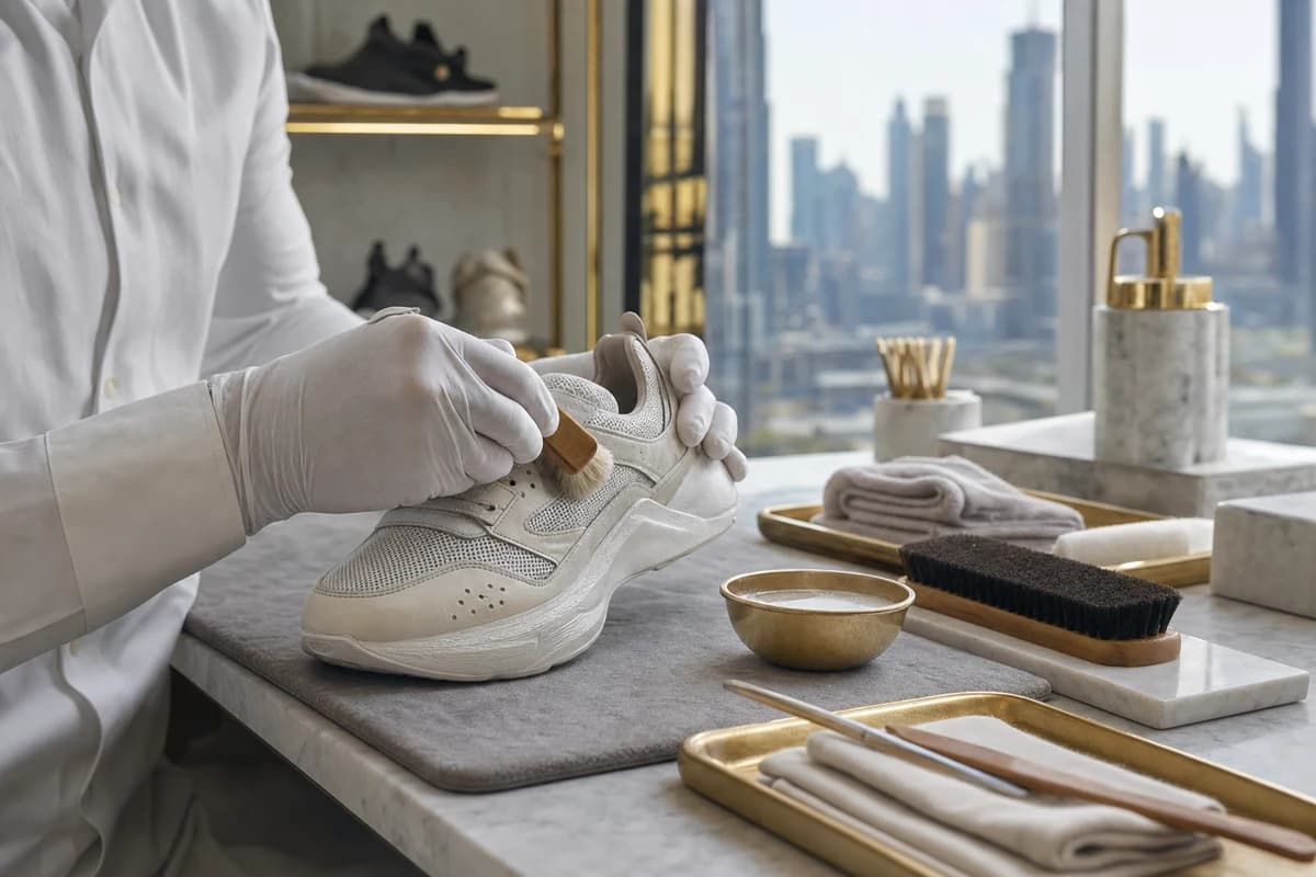 Professional shoe cleaning Dubai technician brushing a light-coloured sneaker at an atelier bench