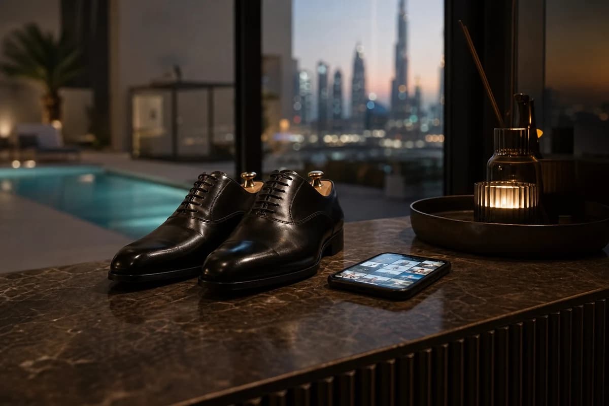 Restored dress shoes and phone photo set prepared for a Dubai colour restoration repair quote