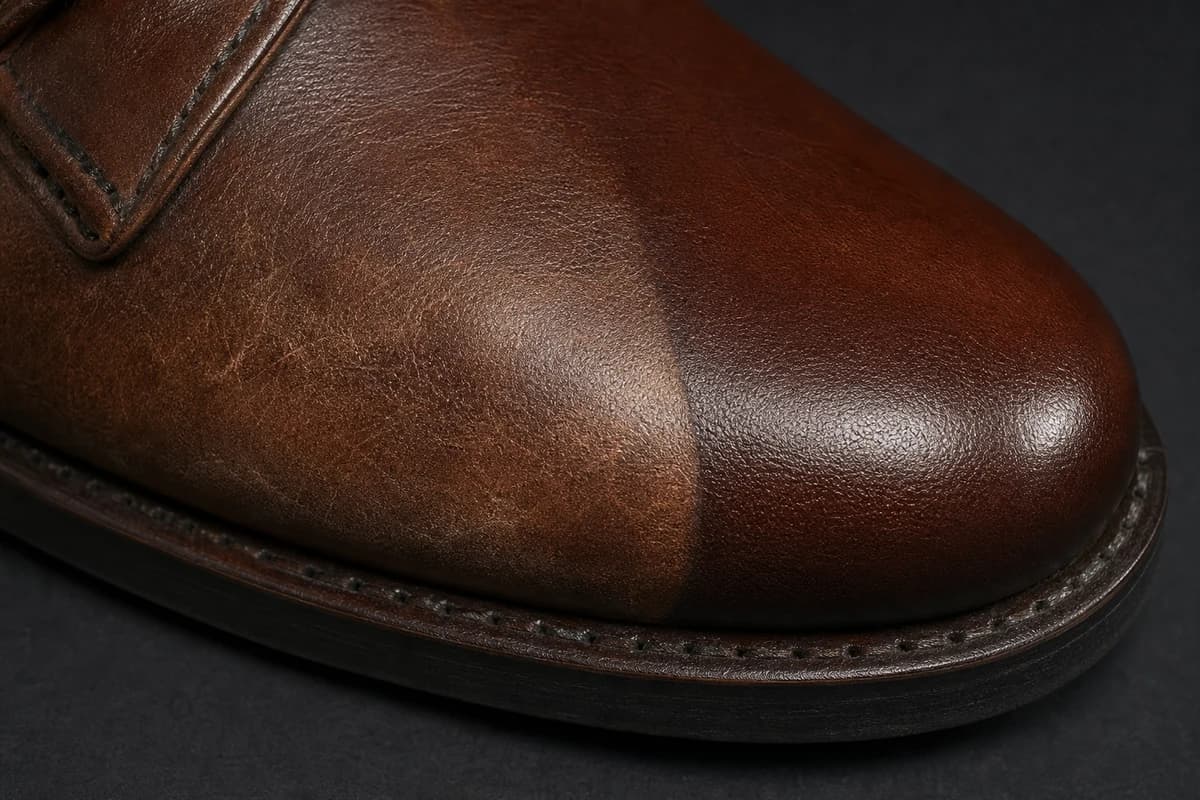 Macro of leather colour loss beside blended shoe colour restoration Dubai finish