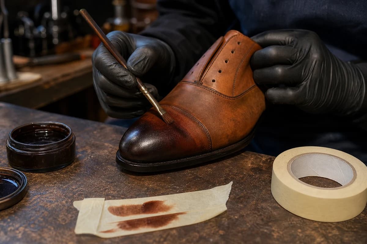 Technician applying pigment during shoe colour restoration Dubai on a leather toe