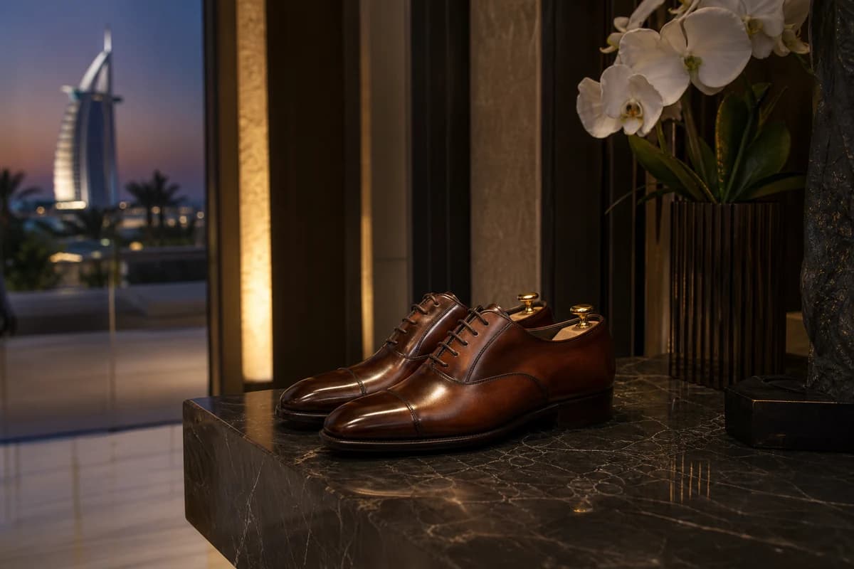 Restored leather dress shoes on a Dubai interior surface after shoe repair