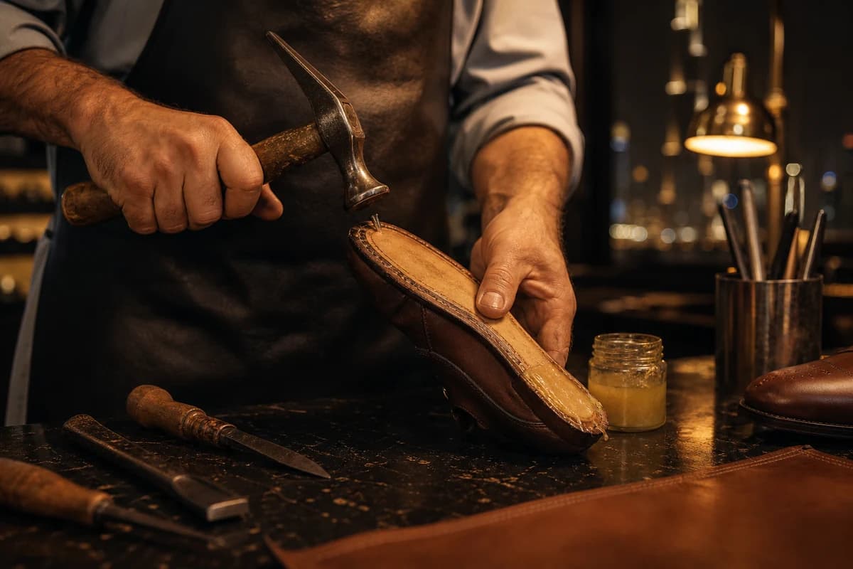 Craftsperson performing professional shoe repair Dubai on a leather sole at a bench