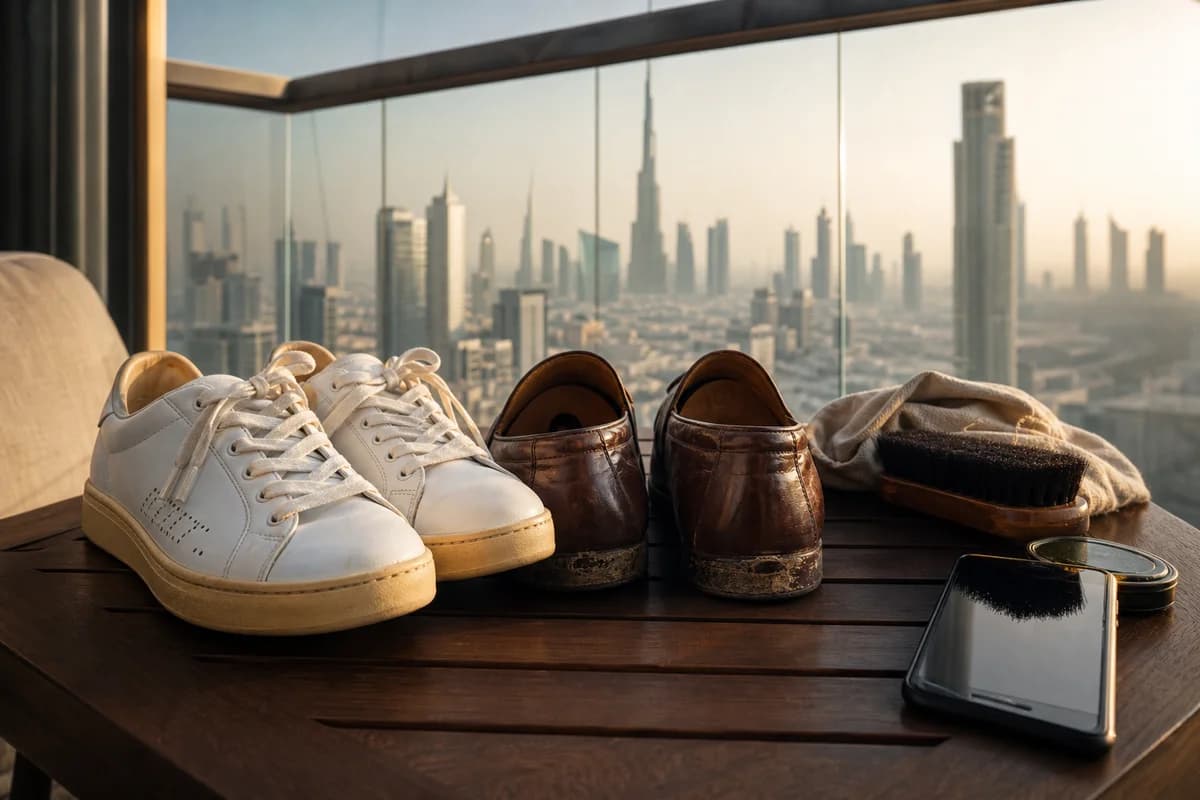 Sneakers and leather loafers grouped on a Dubai balcony table for a shoe repair photo quote Dubai