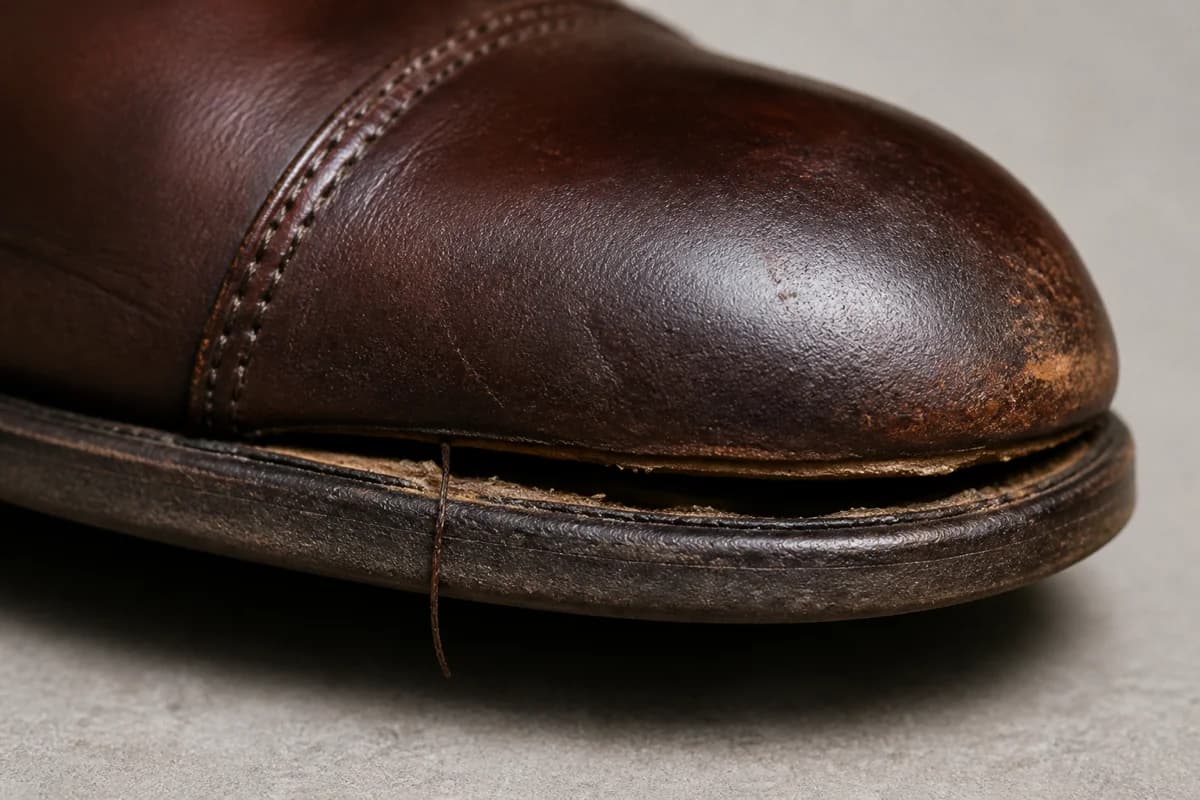 Macro close-up of separated sole edge and loose stitching for shoe repair photo quote Dubai assessment