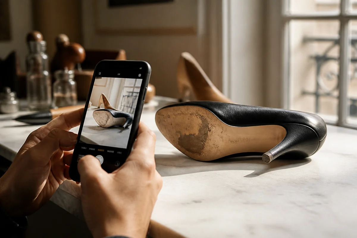 Hands photographing worn sole and heel of a designer pump for a shoe repair photo quote Dubai