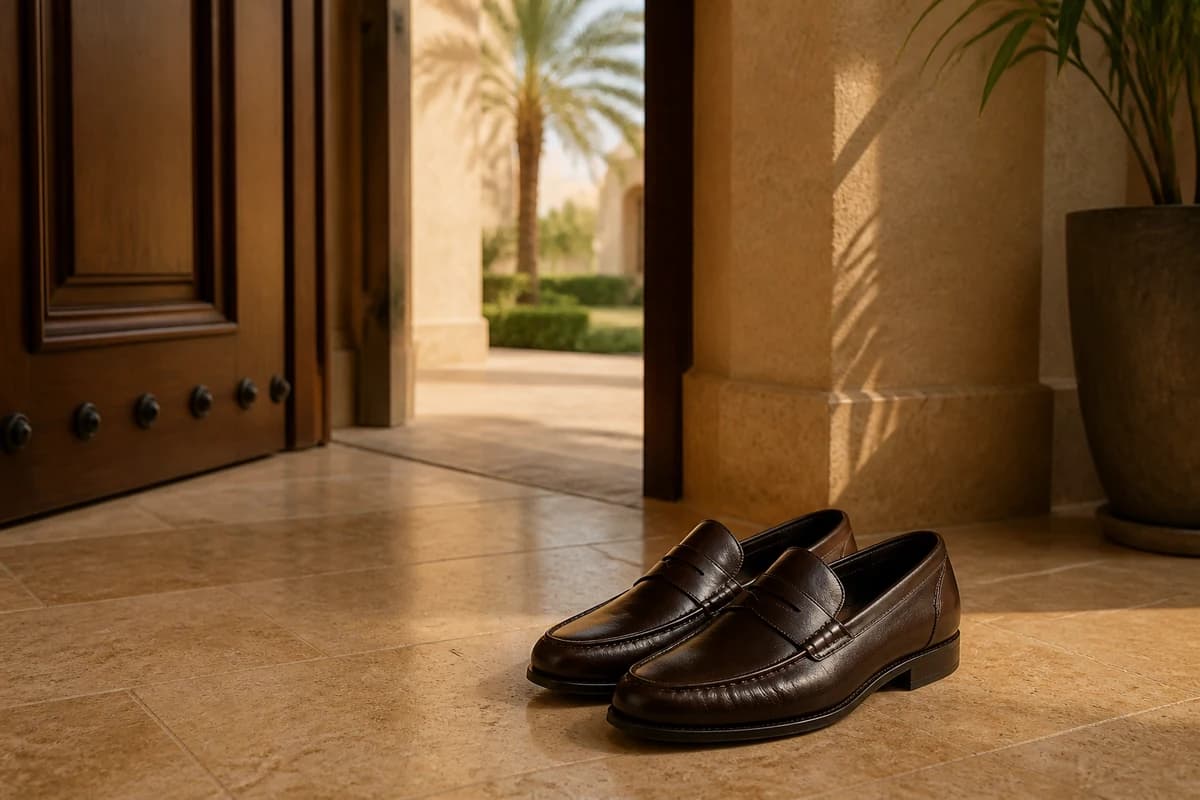 Dark leather loafers by a Dubai villa entryway after professional shoe sole reglue and care