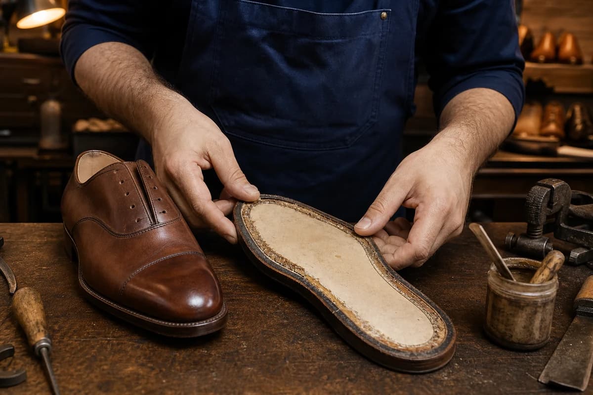 Craftsperson preparing a separated dress-shoe sole for shoe sole reglue Dubai on an atelier bench