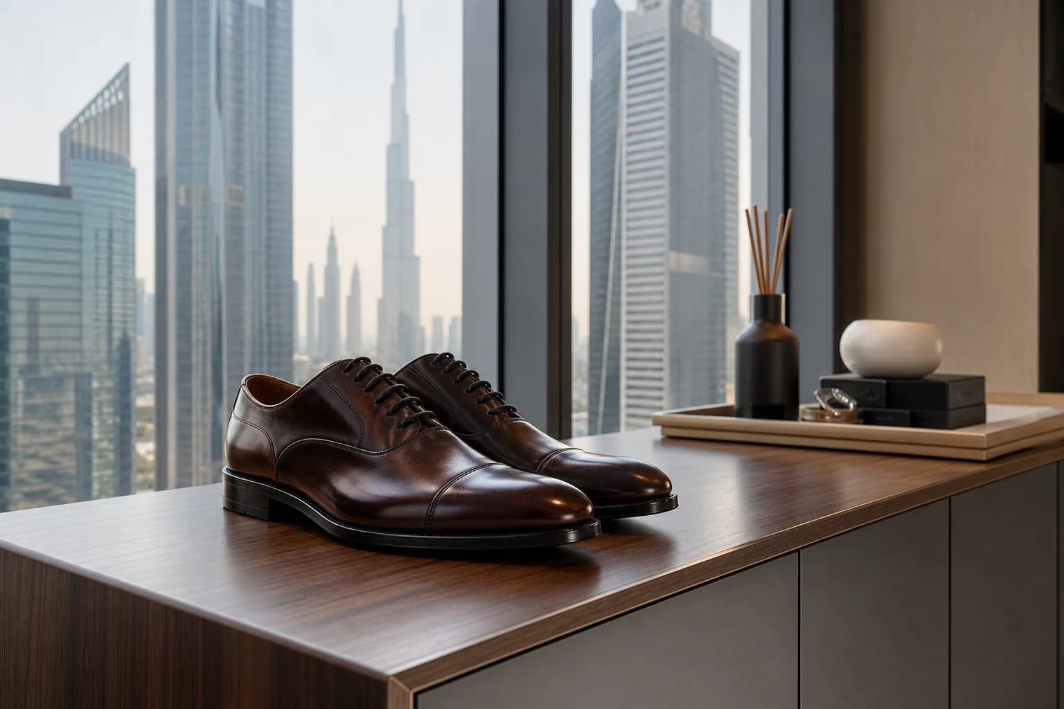 Restored dress shoes on a Dubai office console after professional shoe sole repair