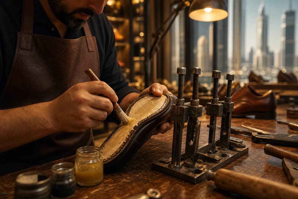 Workshop process for shoe sole repair Dubai showing reattachment preparation on a dress shoe