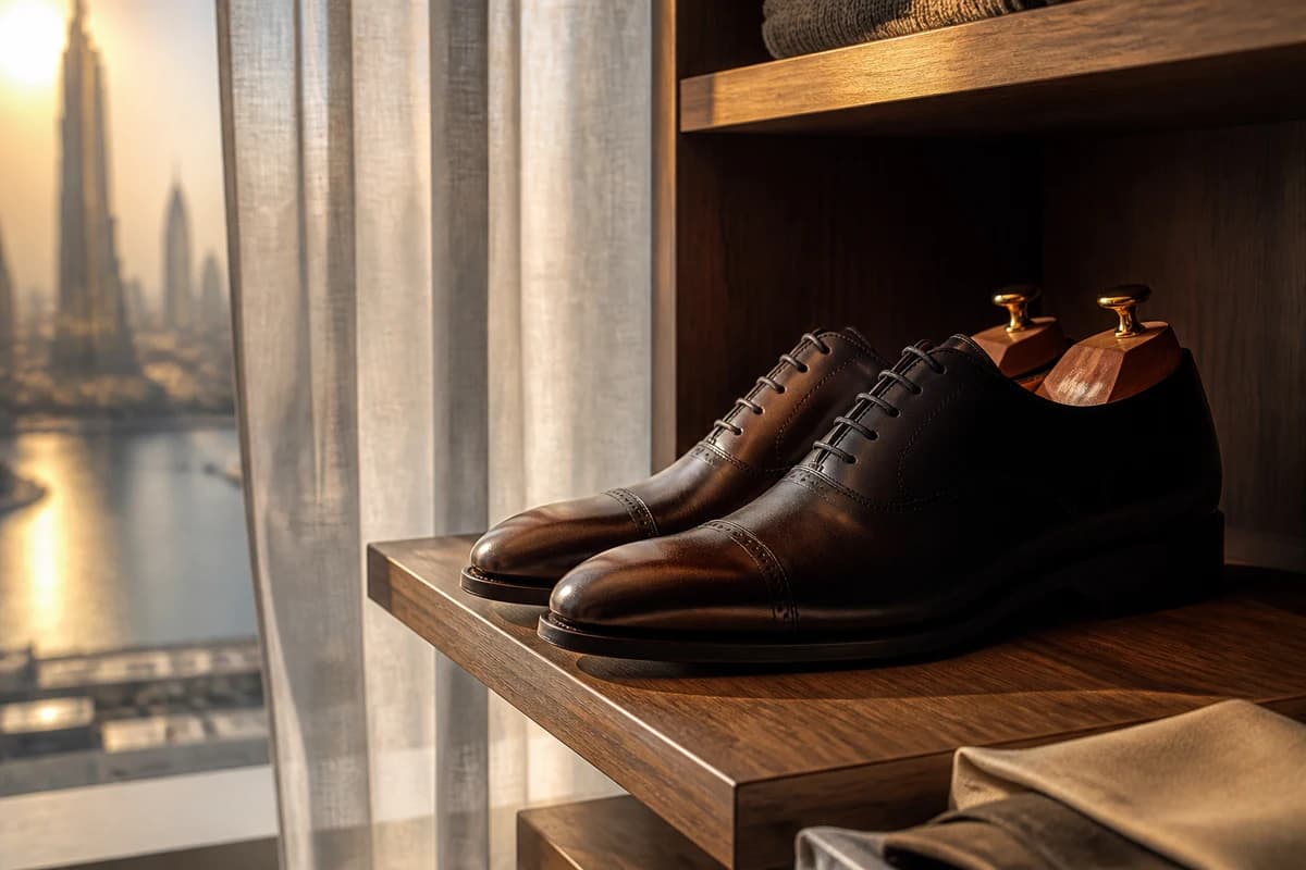 Leather dress shoes with shoe trees after shoe stretching Dubai, soft evening light in a Dubai home
