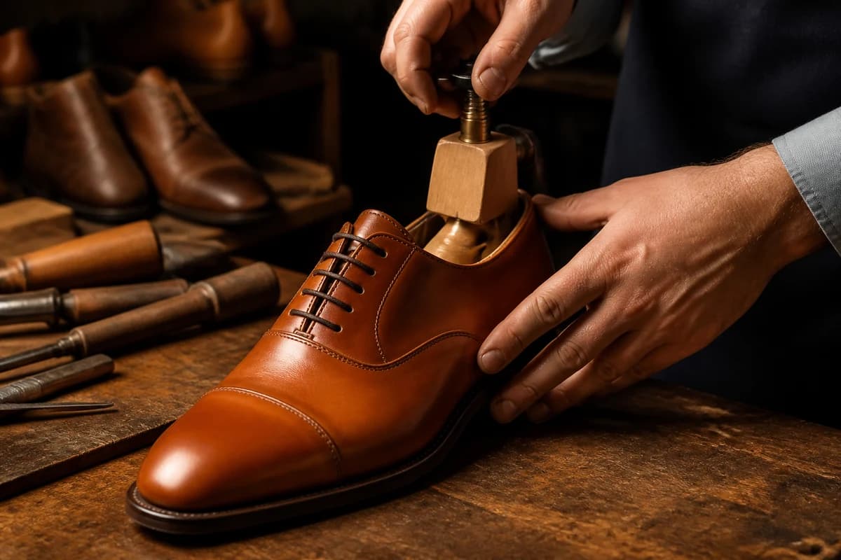 Technician adjusting a shoe stretcher inside a leather oxford during shoe stretching Dubai