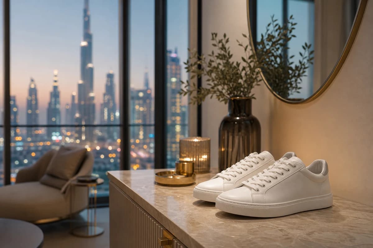 Clean white sneakers on a Dubai apartment console after atelier sneaker cleaning