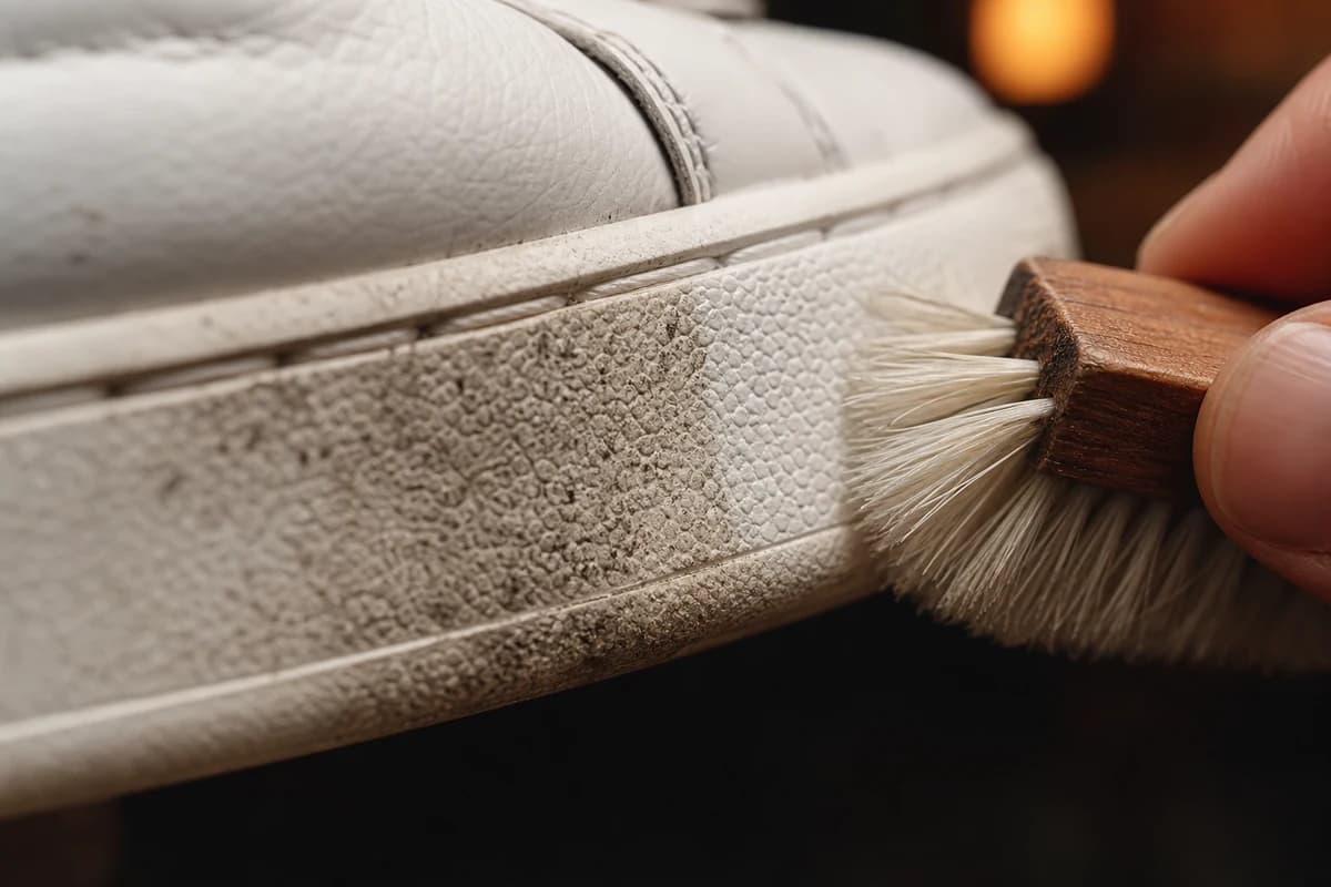 Close-up of sneaker stain removal Dubai work on a textured midsole edge