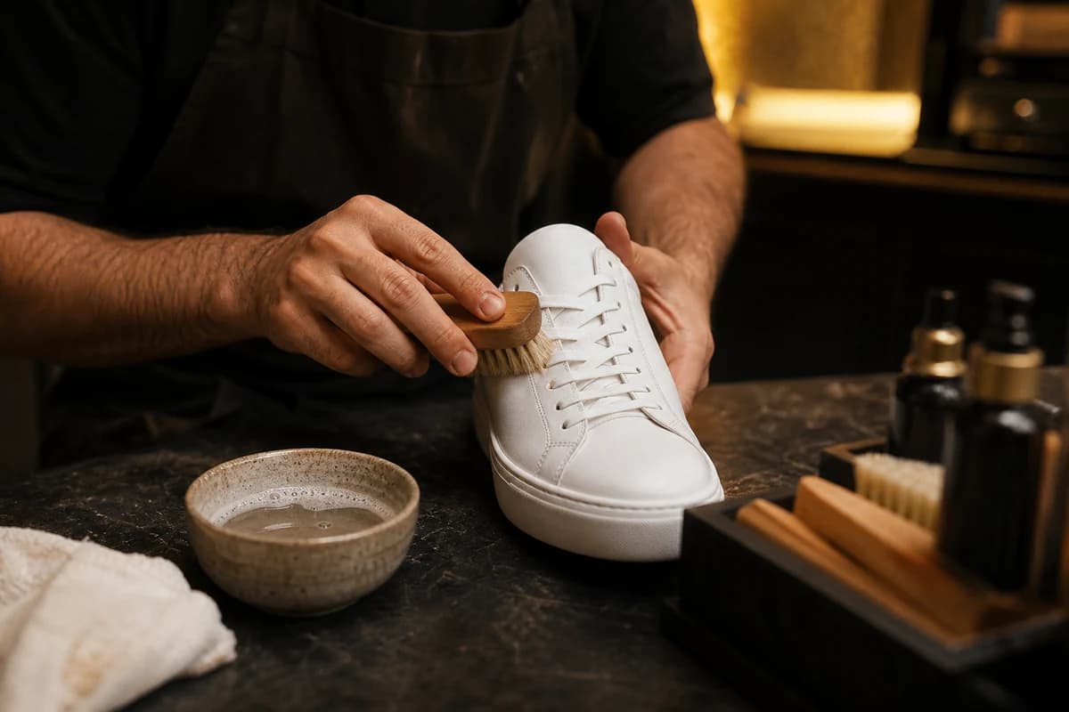 Technician performing professional sneaker cleaning Dubai on white leather trainers at a workshop bench