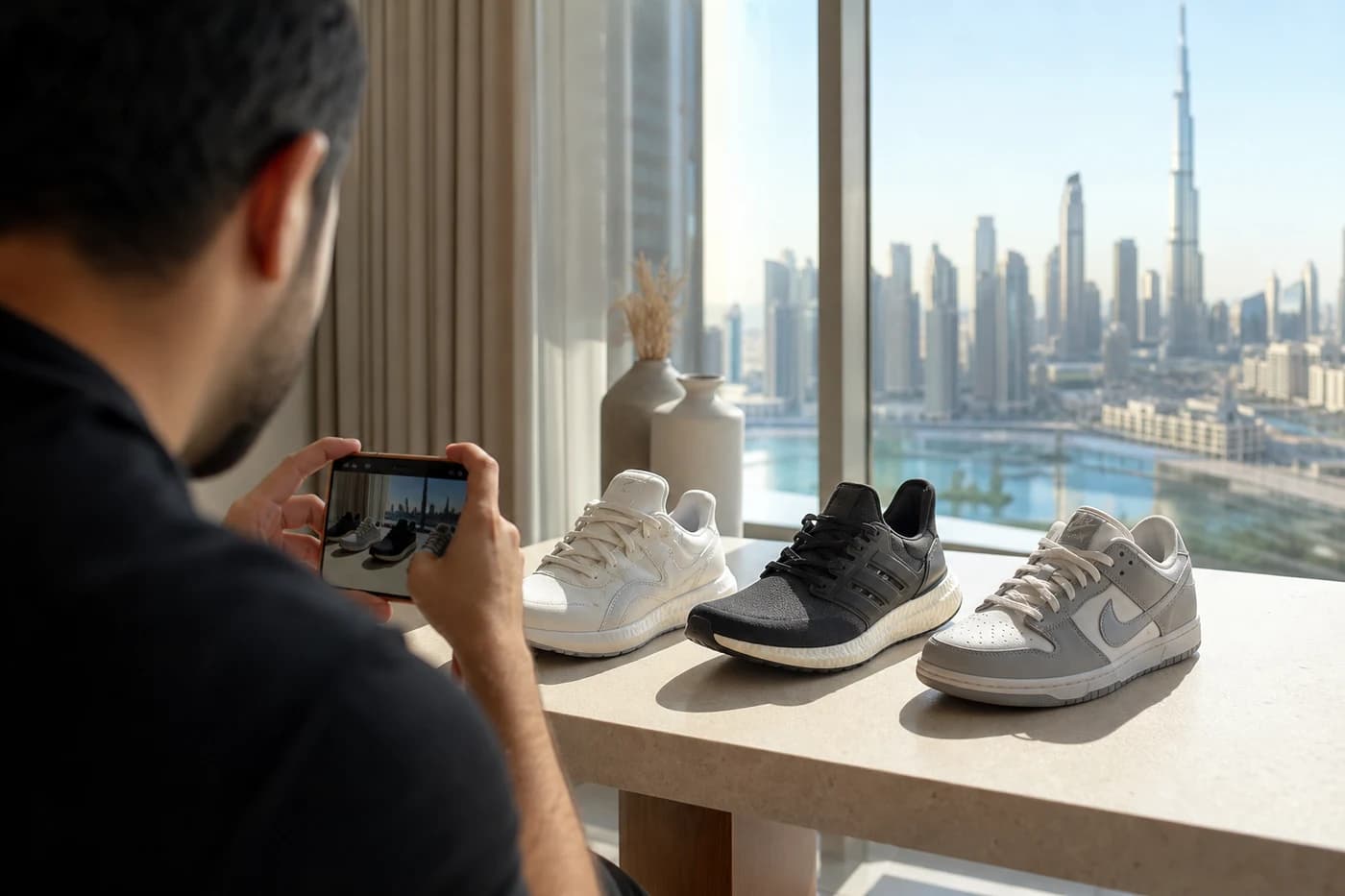 Dubai care consultation photo set of sneakers on a bright apartment table before quoting