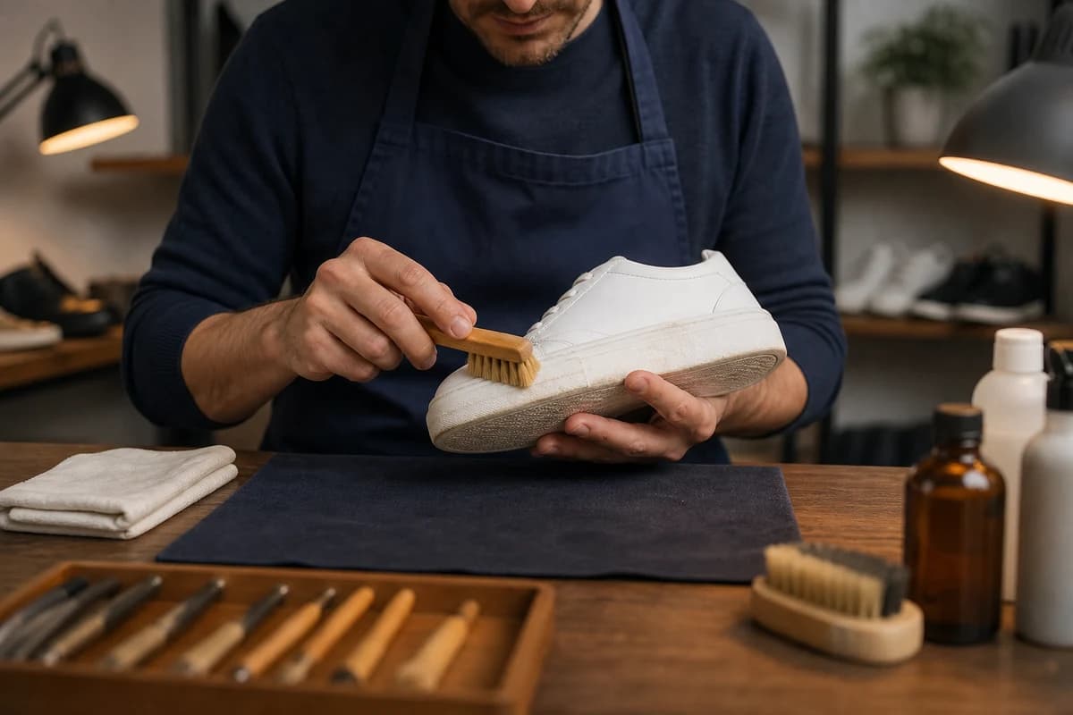 Atelier technician assessing sneaker midsole wear during professional shoe cleaning Dubai intake