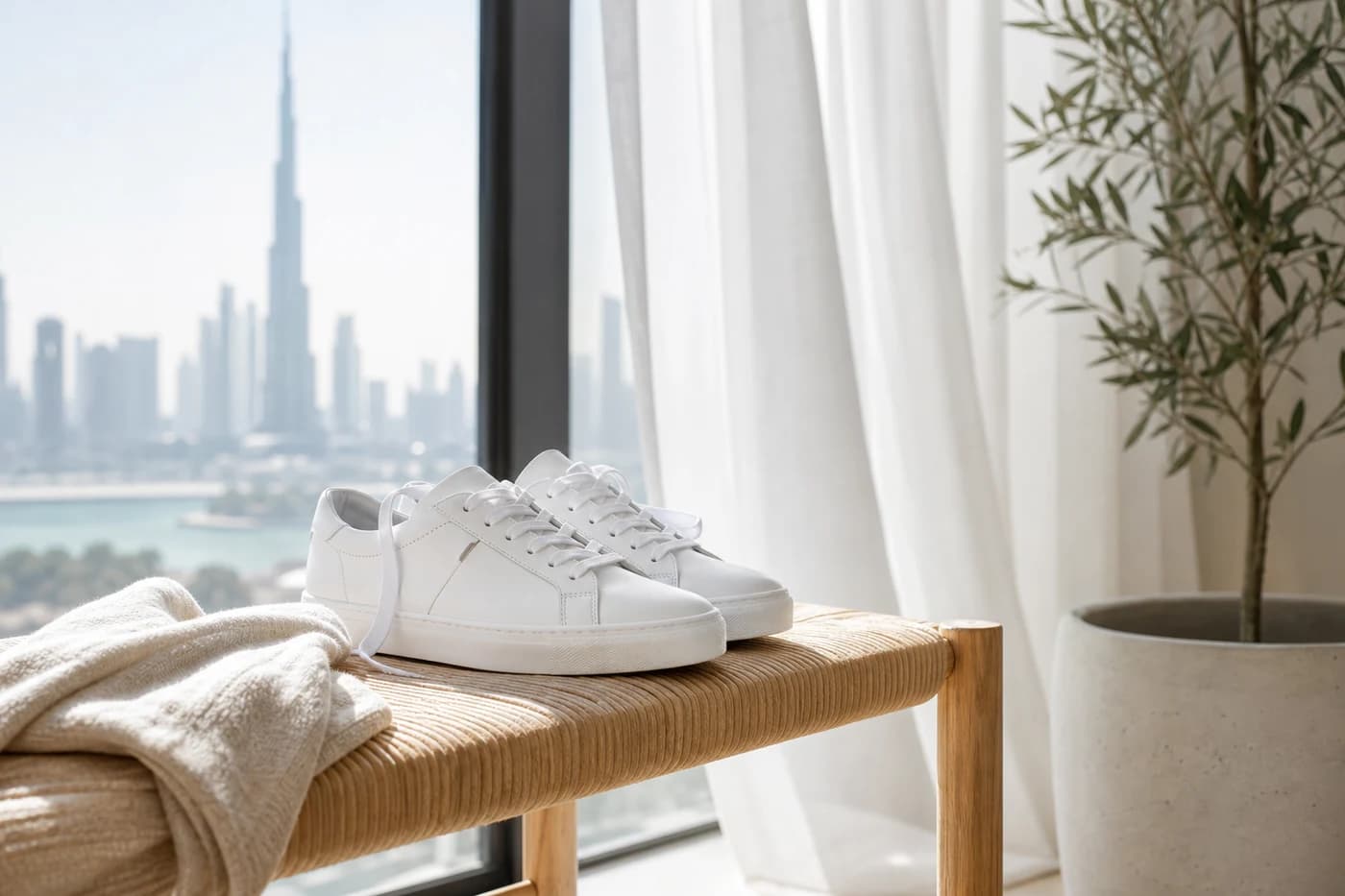 Freshly finished sneakers airing near a bright Dubai apartment window after professional cleaning