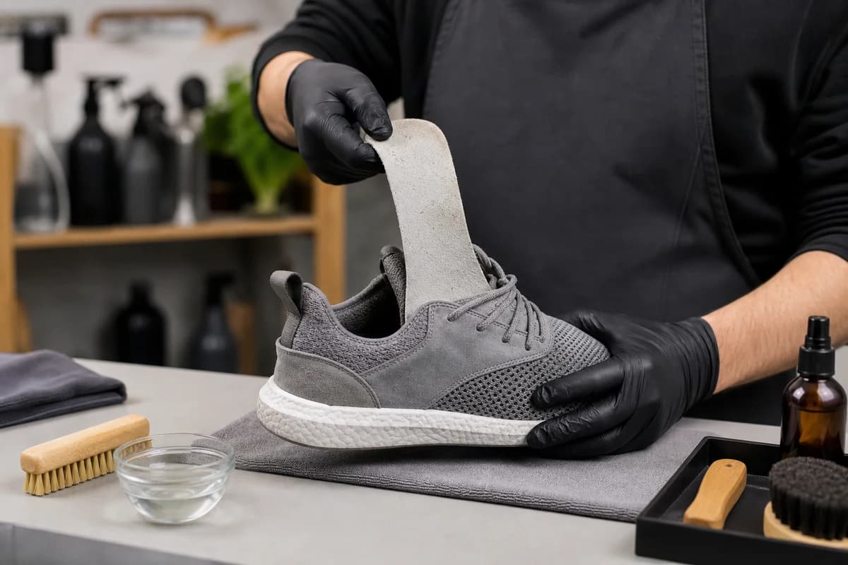 Technician lifting a sneaker insole during sneaker deep clean Dubai odour detox