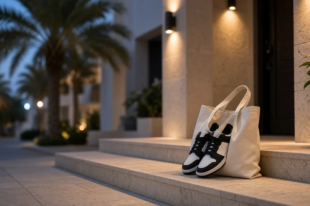Scuffed black-and-white sneakers in a tote on a Dubai villa step waiting for collection