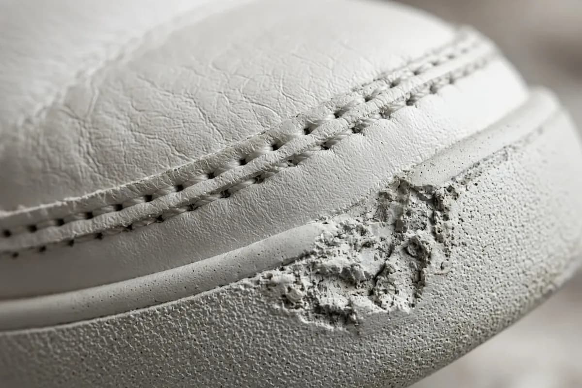 Macro of a chewed rubber toe bumper beside leather overlay colour loss on a white sneaker