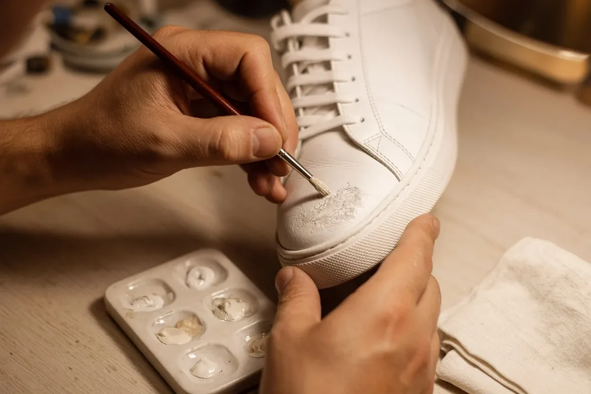 Technician colour-matching a white leather sneaker overlay scuff on an atelier bench